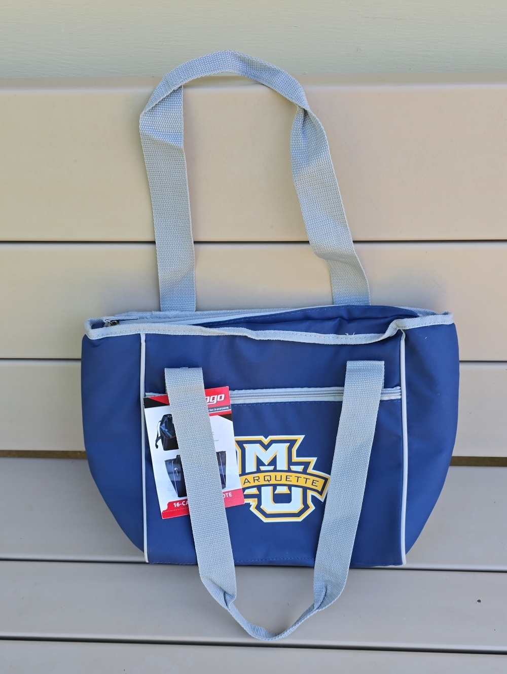 Logo Athletic Blue Tote Bag with Gray Straps